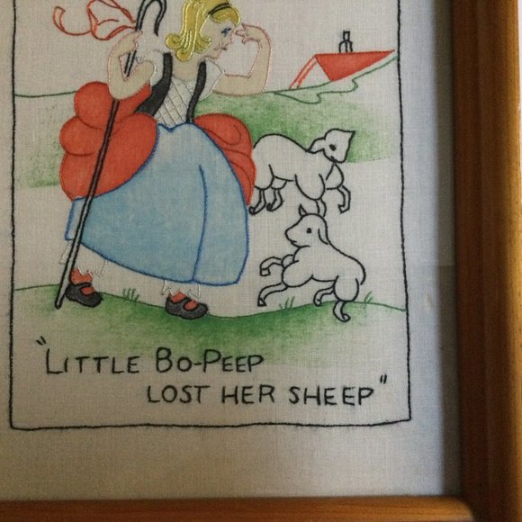 Little Bo-Peep lost her sheep fabric embroidery handcraft  wood frame small dec - Picture 4 of 5